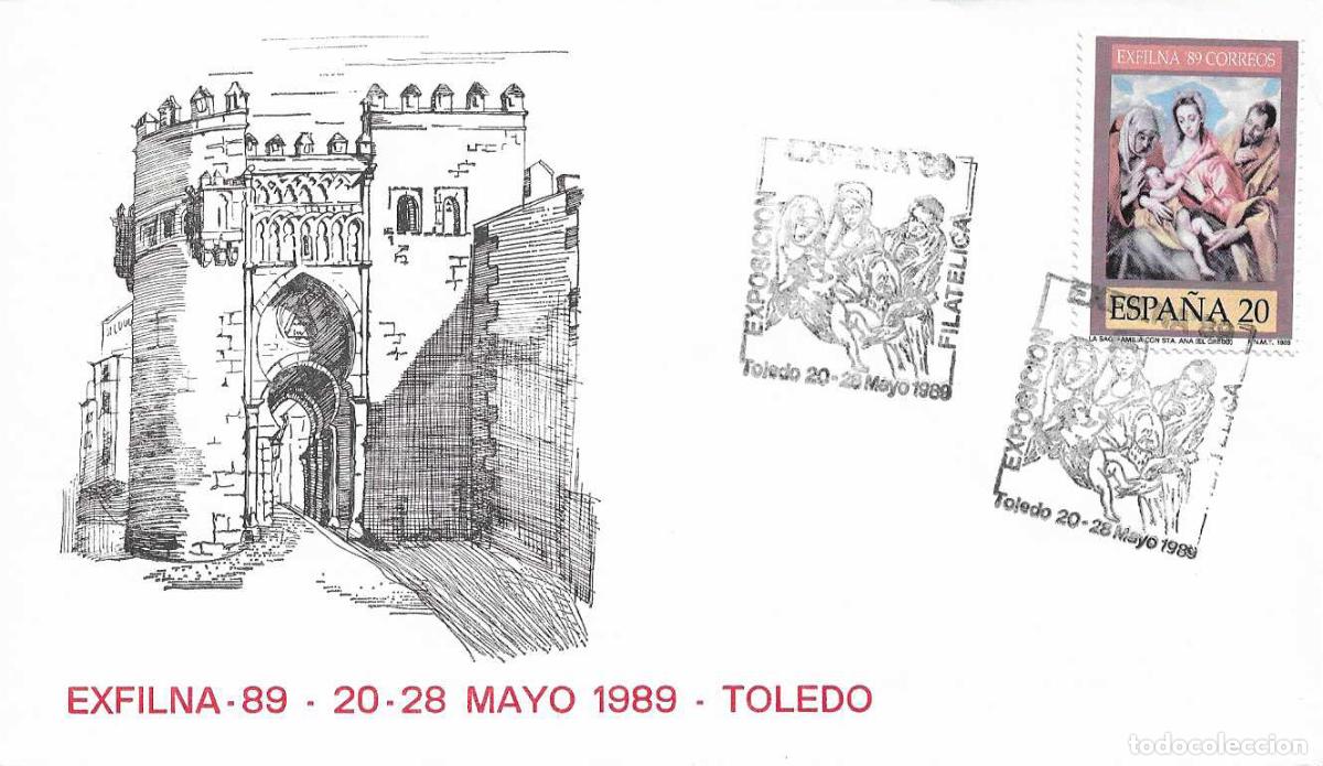 Sellos: PINTURA EL GRECO EXFILNA 89 EXPOSICION FILATELICA NACIONAL, TOLEDO 1989. MATASELLOS SOBRE ILUSTRADO