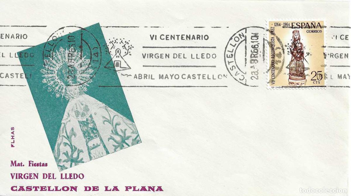 Sellos: VIRGEN DE LLEDO VI CENTENARIO, CASTELLON 1966. MATASELLOS RODILLO EN SOBRE FLASH RELIGION RARO ASI