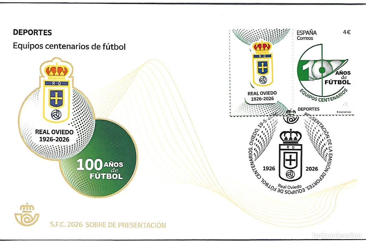 Sellos: MATASELLOS DE PRESENTACI&Oacute;N DE LA EMISI&Oacute;N CENTENARIO DEL REAL OVIEDO. 19 MAYO 2026