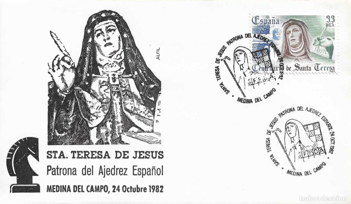 Sellos: SANTA TERESA DE JESUS PATRONA DEL AJEDREZ, MEDINA DEL CAMPO 1982. MATASELLOS EN SOBRE ALFIL RARO VER