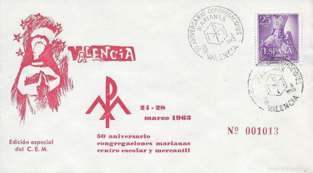 Sellos: CONGREGACIONES MARIANAS 50 ANIVERSARIO, VALENCIA 1963. MATASELLOS SOBRE ROJO ILUSTRADO CEM RARO ASI