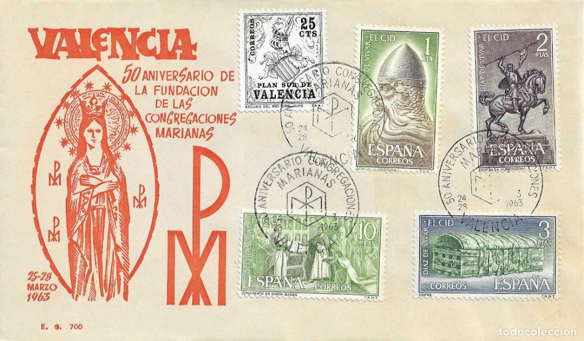 Sellos: CONGREGACIONES MARIANAS 50 ANIV, VALENCIA 1963. MATASELLOS SOBRE EG FRANQUEO EL CID (EDIFIL 1444/47)