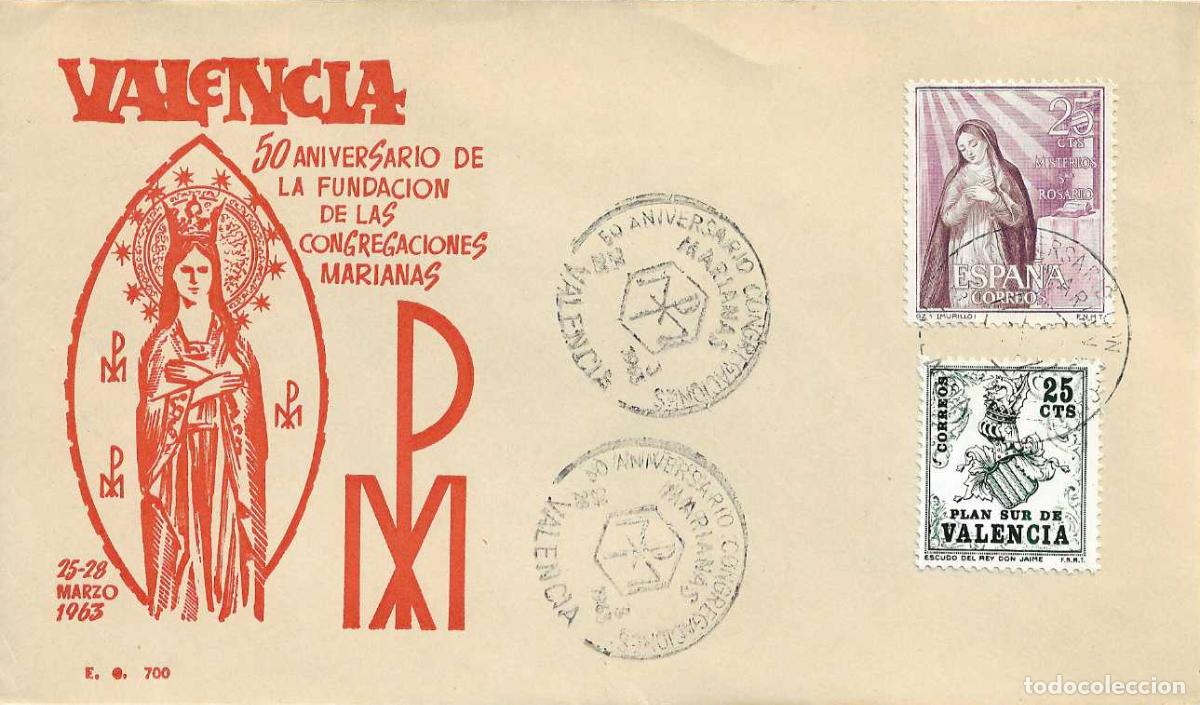 Sellos: CONGREGACIONES MARIANAS 50 ANIVERSARIO, VALENCIA 1963. MATASELLOS EN SOBRE SIN CIRCULAR EG RARO ASI