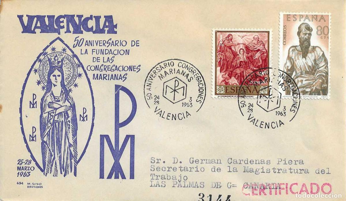 Sellos: CONGREGACIONES MARIANAS 50 ANIVERSARIO, VALENCIA 1963. MATASELLOS EN SOBRE CIRCULADO DE MS RARO ASI