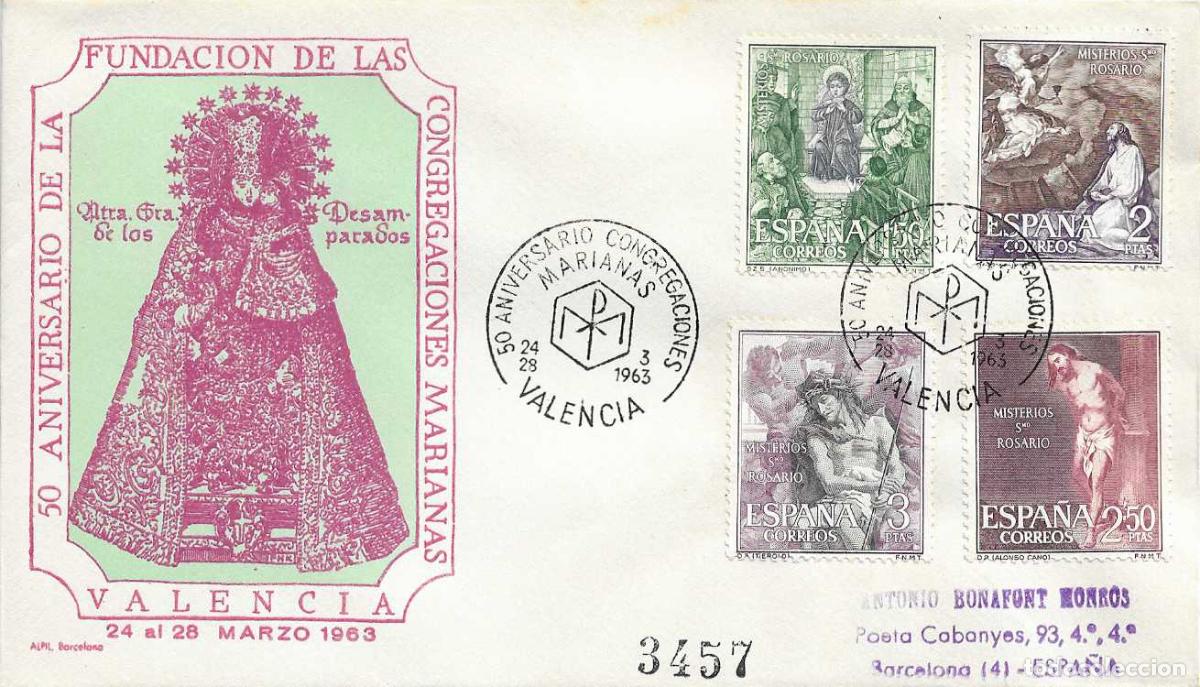 Sellos: CONGREGACIONES MARIANAS 50 ANIV VALENCIA 1963 MATASELLO SOBRE ALFIL FRANQUEO MISTERIOS ROSARIO MOD 1