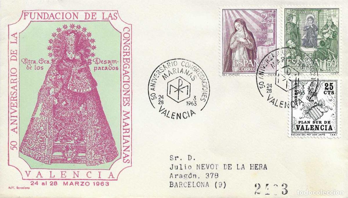 Sellos: CONGREGACIONES MARIANAS 50 ANIVERSARIO, VALENCIA 1963. MATASELLOS EN SOBRE CIRCULADO ALFIL RARO ASI