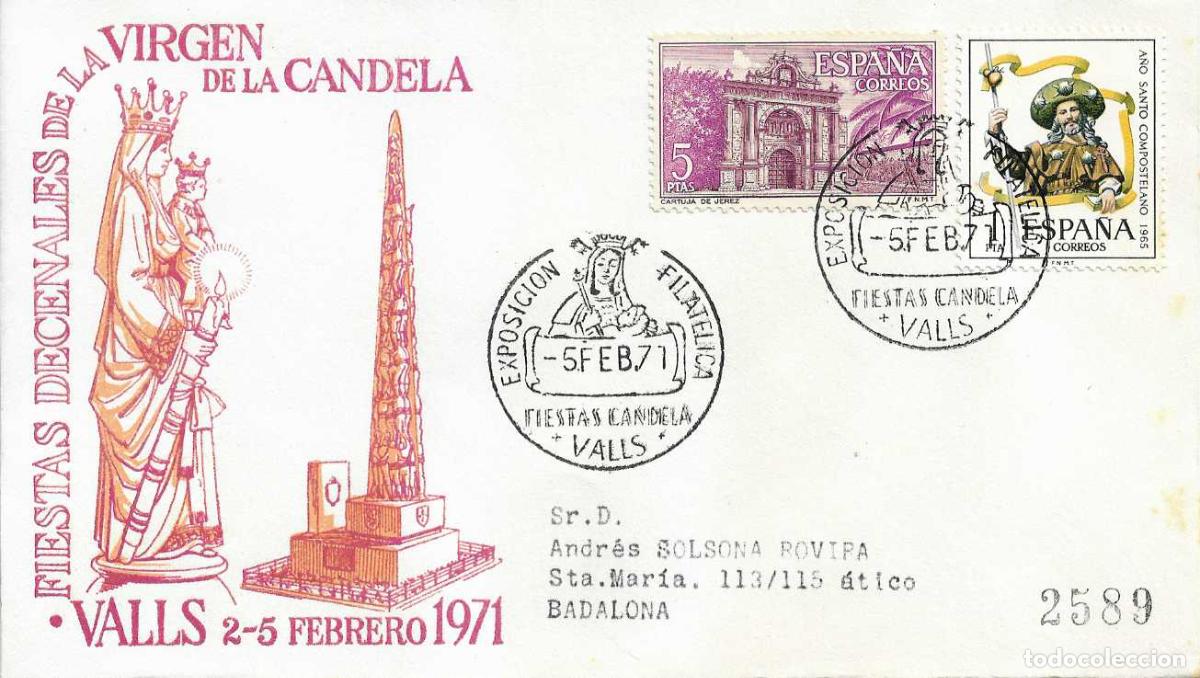 Sellos: FIESTAS VIRGEN DE LA CANDELA, VALLS (TARRAGONA) 5 FEBRERO 1971. MATASELLOS SOBRE CIRCULADO ALFIL RWR