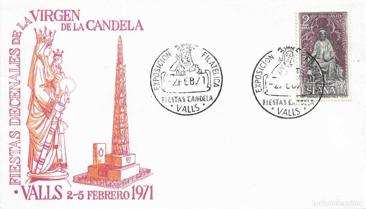 Sellos: FIESTAS VIRGEN DE LA CANDELA, VALLS TARRAGONA 2 FEBRERO 1971 MATASELLOS SOBRE SIN CIRCULAR ALFIL WXZ