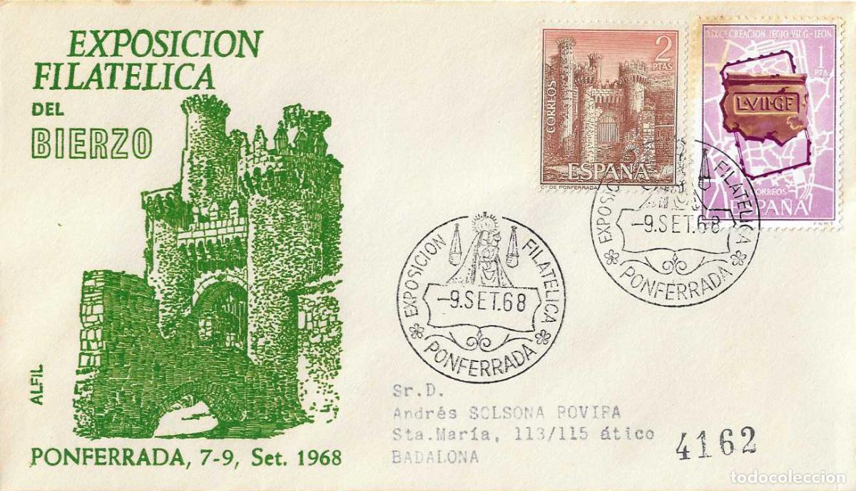Sellos: VIRGEN DE LA ENCINA BIERZO EXPOSICION, PONFERRADA (LEON) 1968. RARO MATASELLOS EN SOBRE ALFIL VERDE