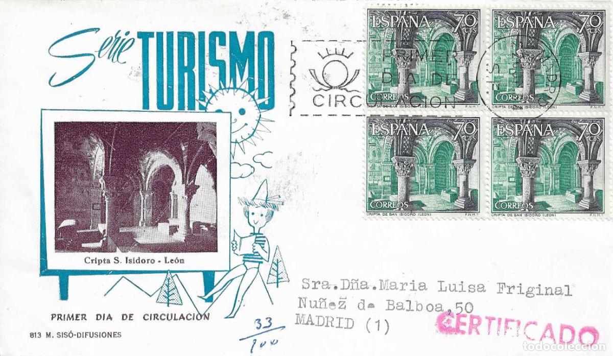 Sellos: CRIPTA DE SAN ISIDORO LEON SERIE TURISTICA 1964 (EDIFIL 1543 CUATRO SELLOS) EN SPD CIRCULADO MS RARO