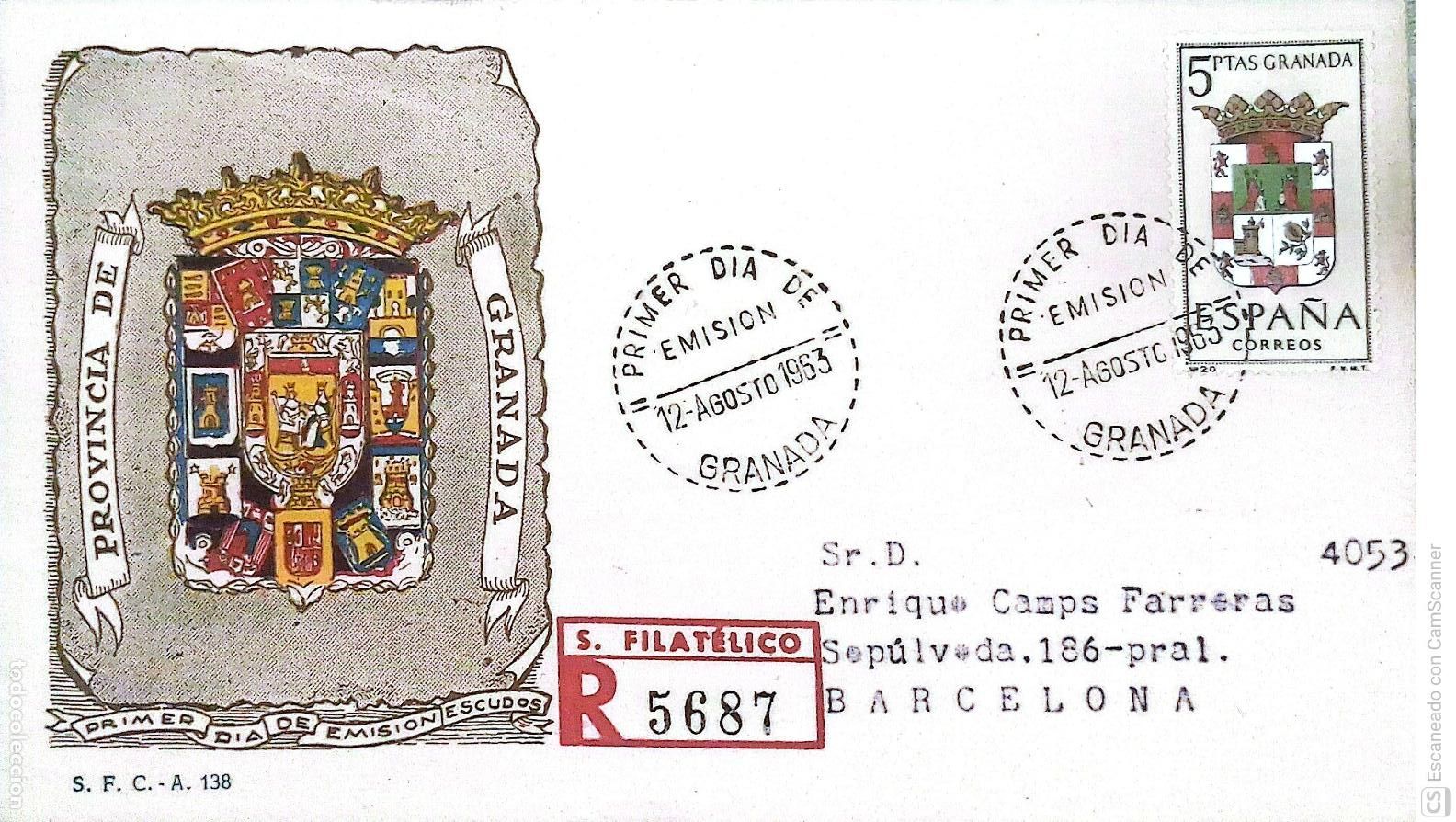 Sellos: Espa&ntilde;a. SPD 1488 Escudo de Granada. Matasello Primer D&iacute;a 12.Agosto 1963 Granada. Numeraci&oacute;n Edifil.