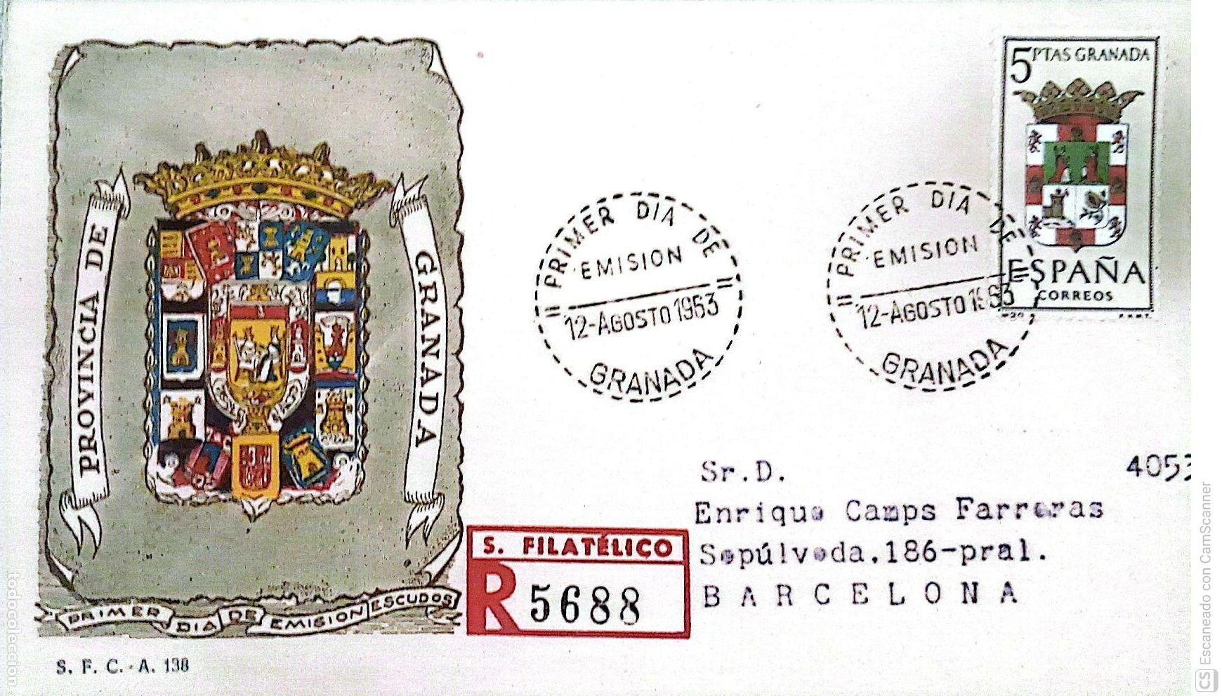 Sellos: Espa&ntilde;a. SPD 1488 Escudo de Granada. Matasello Primer D&iacute;a 12.Agosto 1963 Granada. Numeraci&oacute;n Edifil.