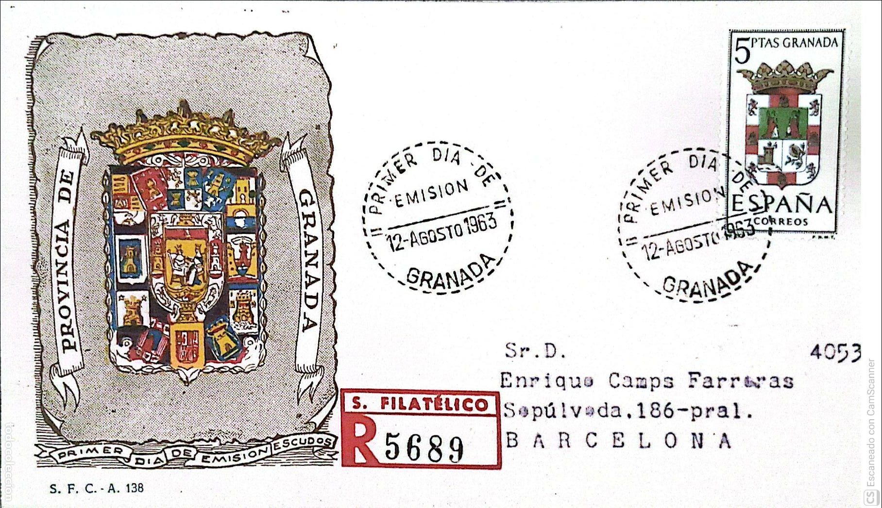 Sellos: Espa&ntilde;a. SPD 1488 Escudo de Granada. Matasello Primer D&iacute;a 12.Agosto 1963 Granada. Numeraci&oacute;n Edifil.