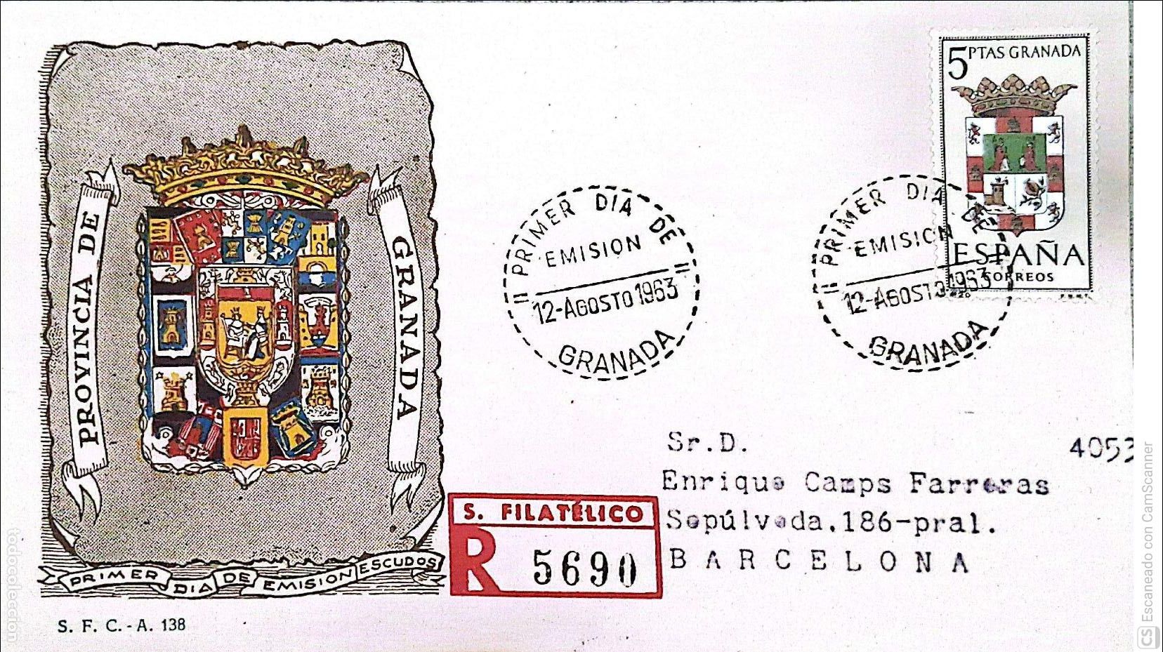 Sellos: Espa&ntilde;a. SPD 1488 Escudo de Granada. Matasello Primer D&iacute;a 12.Agosto 1963 Granada. Numeraci&oacute;n Edifil.