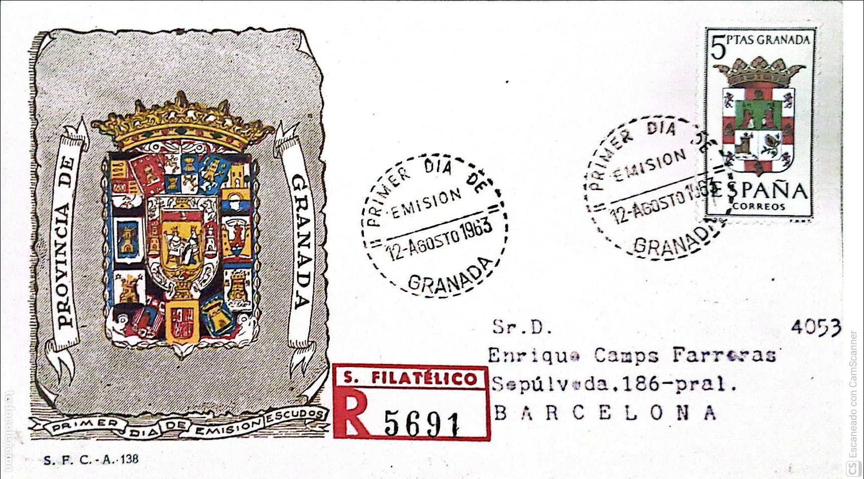 Sellos: Espa&ntilde;a. SPD 1488 Escudo de Granada. Matasello Primer D&iacute;a 12.Agosto 1963 Granada. Numeraci&oacute;n Edifil.