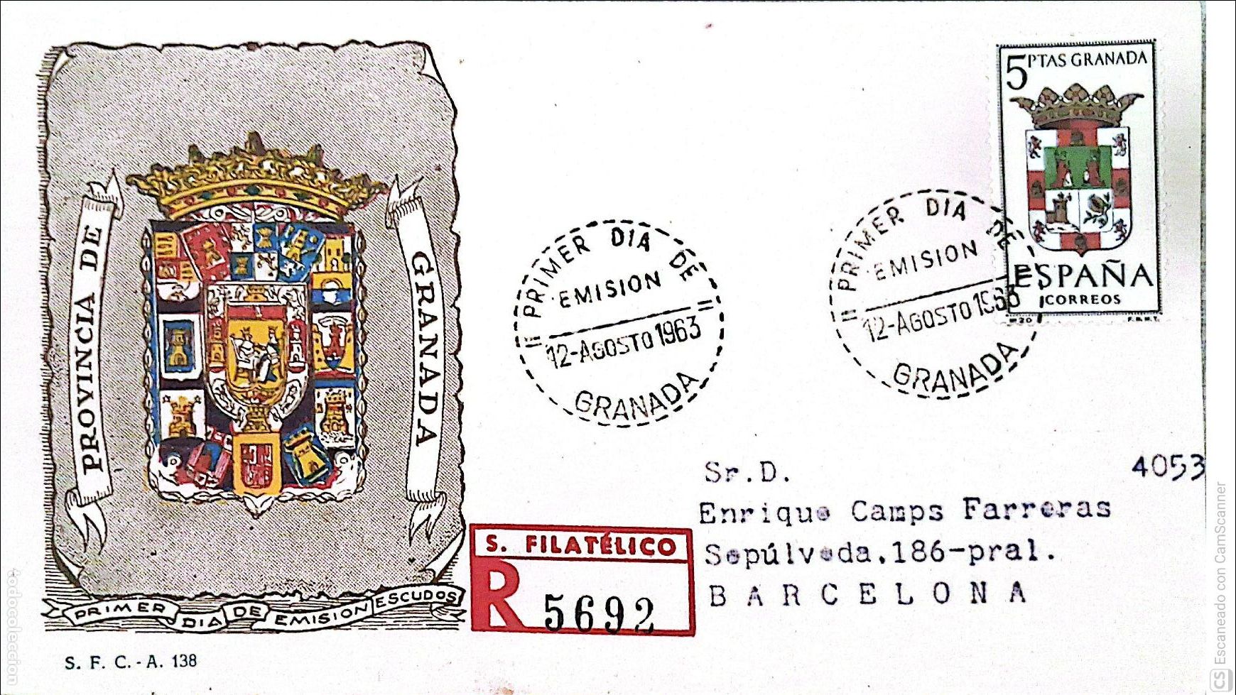 Sellos: Espa&ntilde;a. SPD 1488 Escudo de Granada. Matasello Primer D&iacute;a 12.Agosto 1963 Granada. Numeraci&oacute;n Edifil.