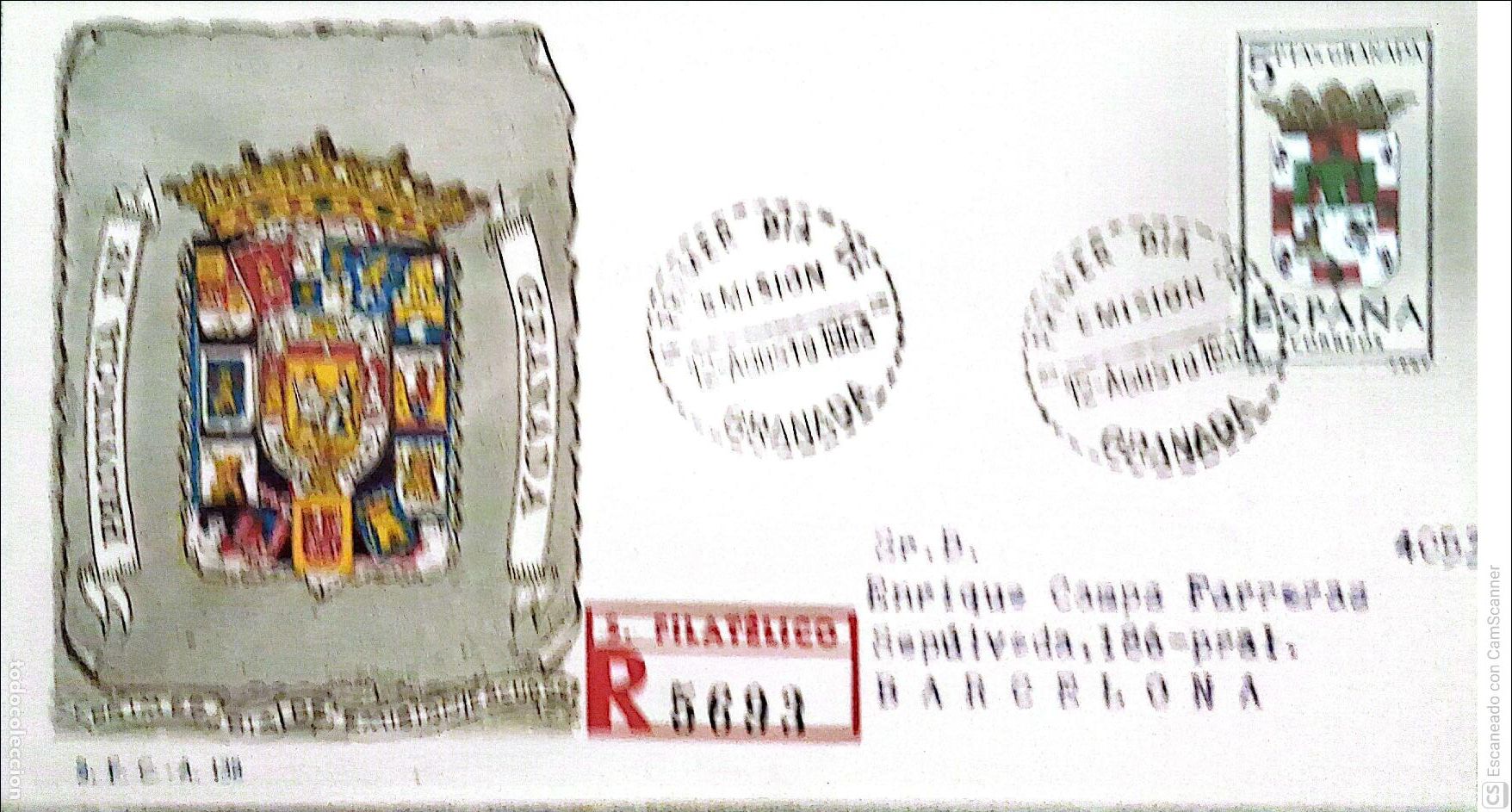 Sellos: Espa&ntilde;a. SPD 1488 Escudo de Granada. Matasello Primer D&iacute;a 12.Agosto 1963 Granada. Numeraci&oacute;n Edifil.