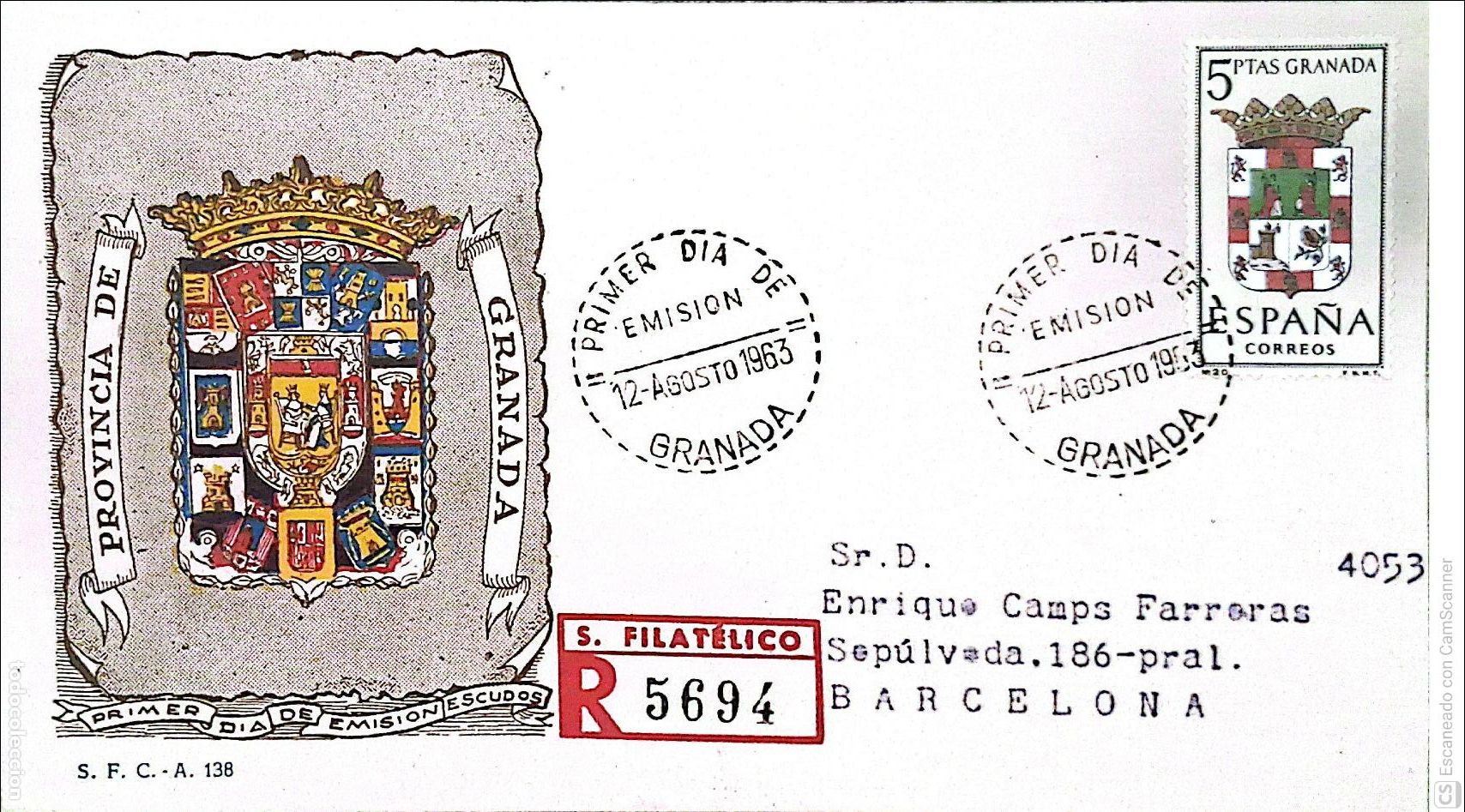 Sellos: Espa&ntilde;a. SPD 1488 Escudo de Granada. Matasello Primer D&iacute;a 12.Agosto 1963 Granada. Numeraci&oacute;n Edifil.