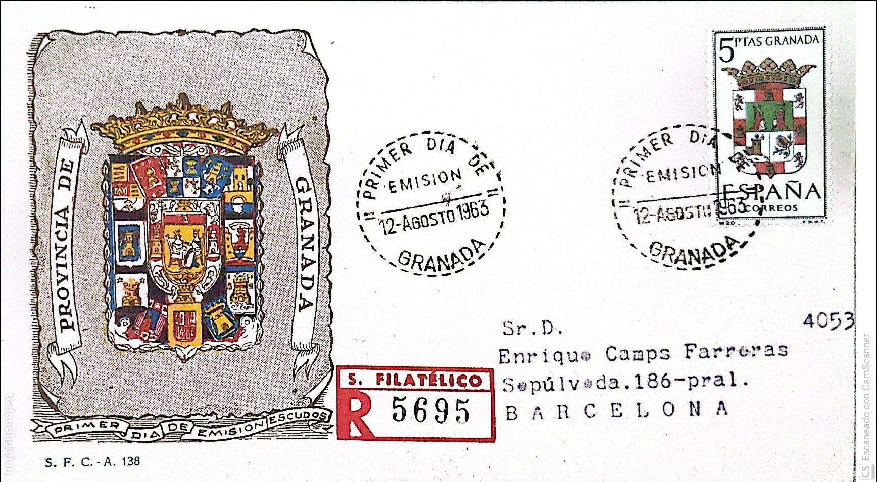 Sellos: Espa&ntilde;a. SPD 1488 Escudo de Granada. Matasello Primer D&iacute;a 12.Agosto 1963 Granada. Numeraci&oacute;n Edifil.
