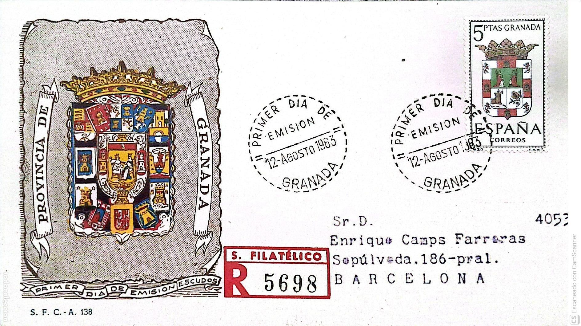 Sellos: Espa&ntilde;a. SPD 1488 Escudo de Granada. Matasello Primer D&iacute;a 12.Agosto 1963 Granada. Numeraci&oacute;n Edifil.