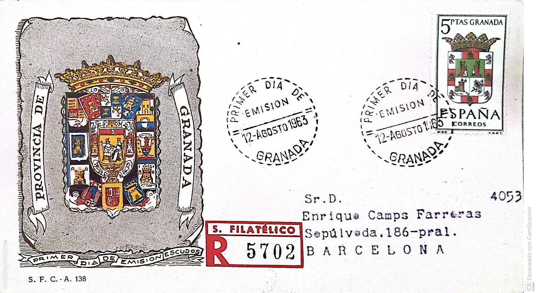 Sellos: Espa&ntilde;a. SPD 1488 Escudo de Granada. Matasello Primer D&iacute;a 12.Agosto 1963 Granada. Numeraci&oacute;n Edifil.