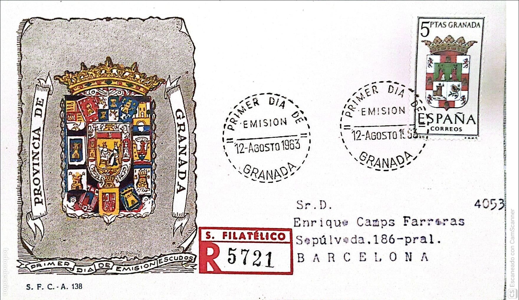 Sellos: Espa&ntilde;a. SPD 1488 Escudo de Granada. Matasello Primer D&iacute;a 12.Agosto 1963 Granada. Numeraci&oacute;n Edifil.