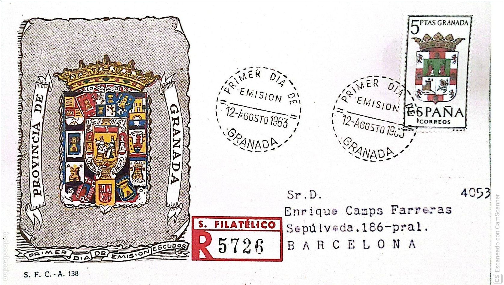 Sellos: Espa&ntilde;a. SPD 1488 Escudo de Granada. Matasello Primer D&iacute;a 12.Agosto 1963 Granada. Numeraci&oacute;n Edifil.