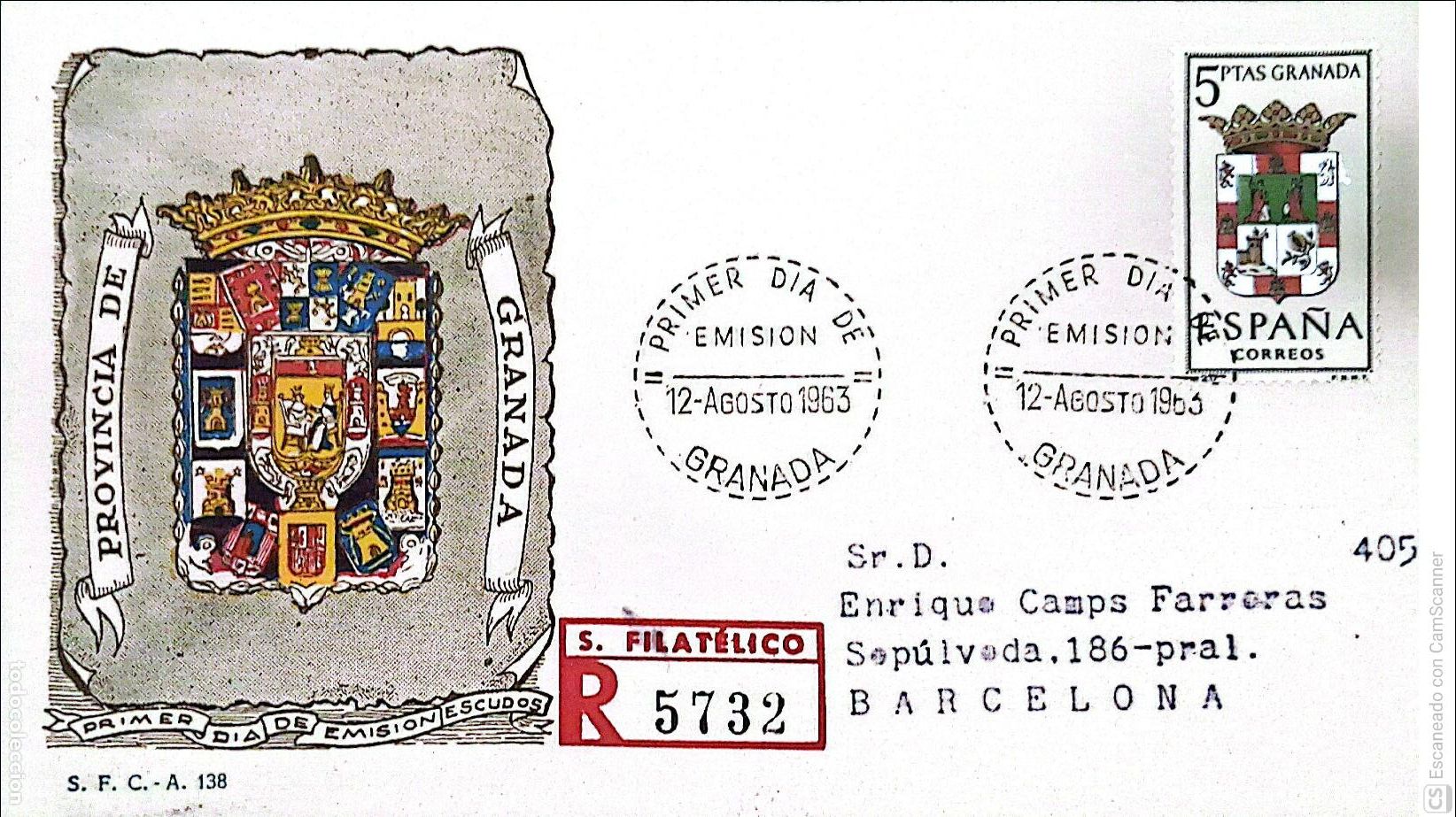 Sellos: Espa&ntilde;a. SPD 1488 Escudo de Granada. Matasello Primer D&iacute;a 12.Agosto 1963 Granada. Numeraci&oacute;n Edifil.