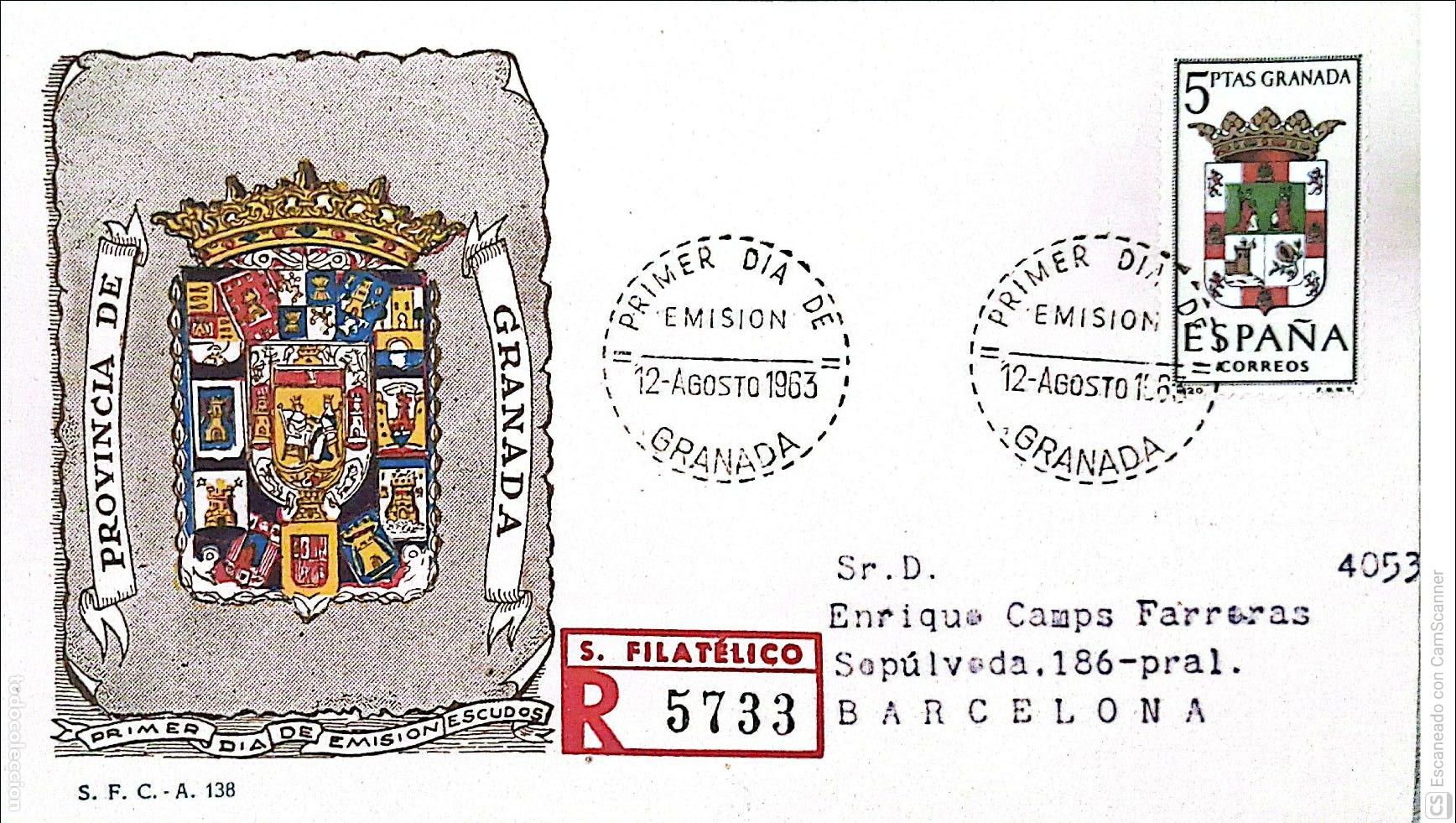 Sellos: Espa&ntilde;a. SPD 1488 Escudo de Granada. Matasello Primer D&iacute;a 12.Agosto 1963 Granada. Numeraci&oacute;n Edifil.
