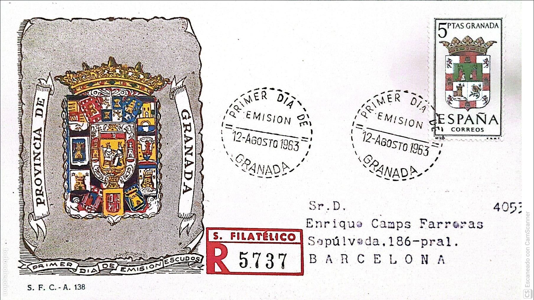 Sellos: Espa&ntilde;a. SPD 1488 Escudo de Granada. Matasello Primer D&iacute;a 12.Agosto 1963 Granada. Numeraci&oacute;n Edifil.