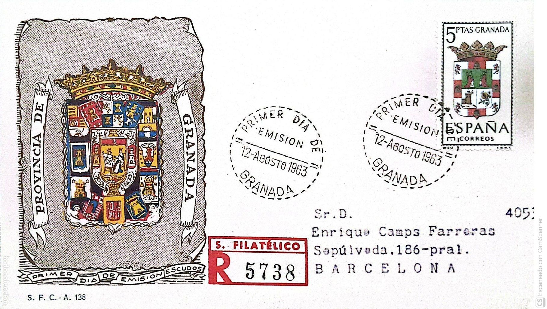 Sellos: Espa&ntilde;a. SPD 1488 Escudo de Granada. Matasello Primer D&iacute;a 12.Agosto 1963 Granada. Numeraci&oacute;n Edifil.