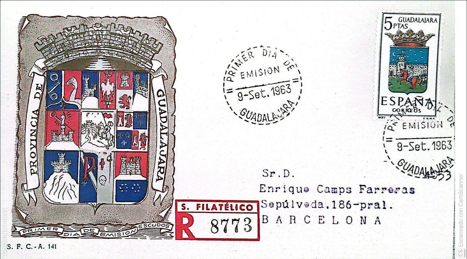 Sellos: Espa&ntilde;a. SPD 1489 Escudo de Guadalajara. Matasello Primer D&iacute;a 9-Set.1963 Guadalajara. Numeraci&oacute;n Edif