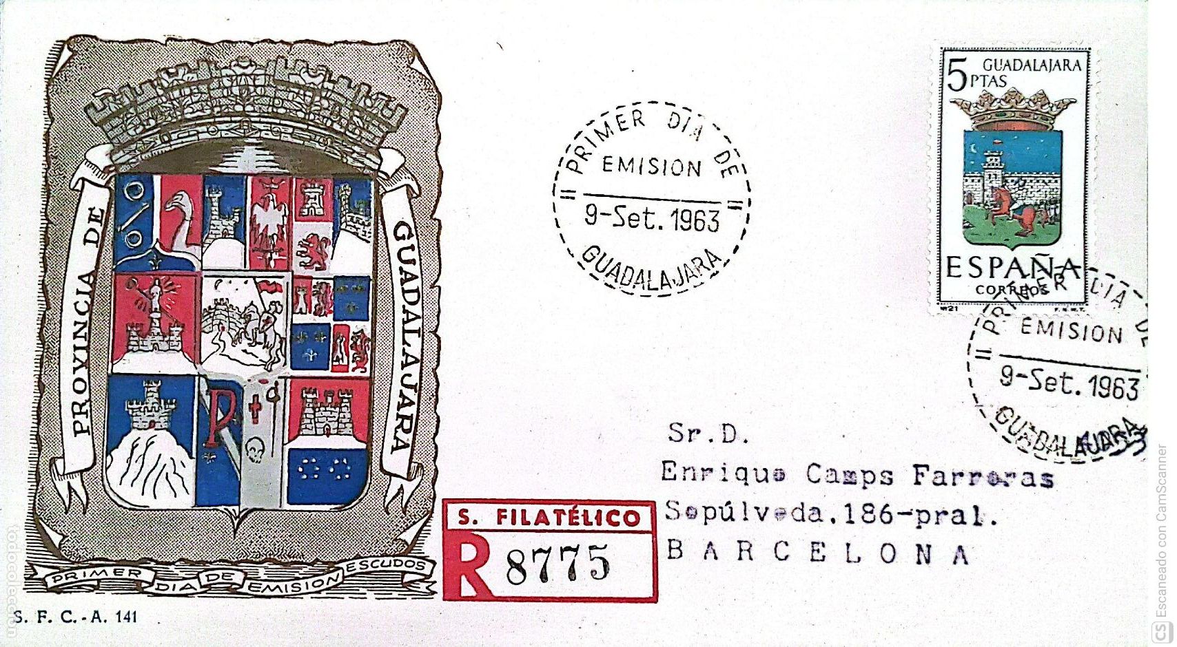 Sellos: Espa&ntilde;a. SPD 1489 Escudo de Guadalajara. Matasello Primer D&iacute;a 9-Set.1963 Guadalajara. Numeraci&oacute;n Edif