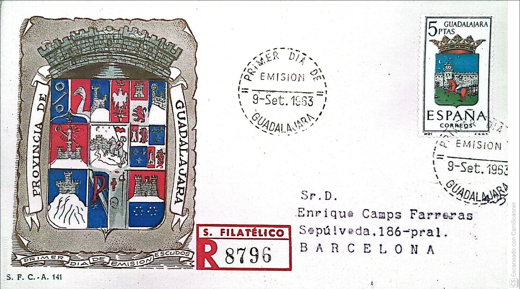 Sellos: Espa&ntilde;a. SPD 1489 Escudo de Guadalajara. Matasello Primer D&iacute;a 9-Set.1963 Guadalajara. Numeraci&oacute;n Edif