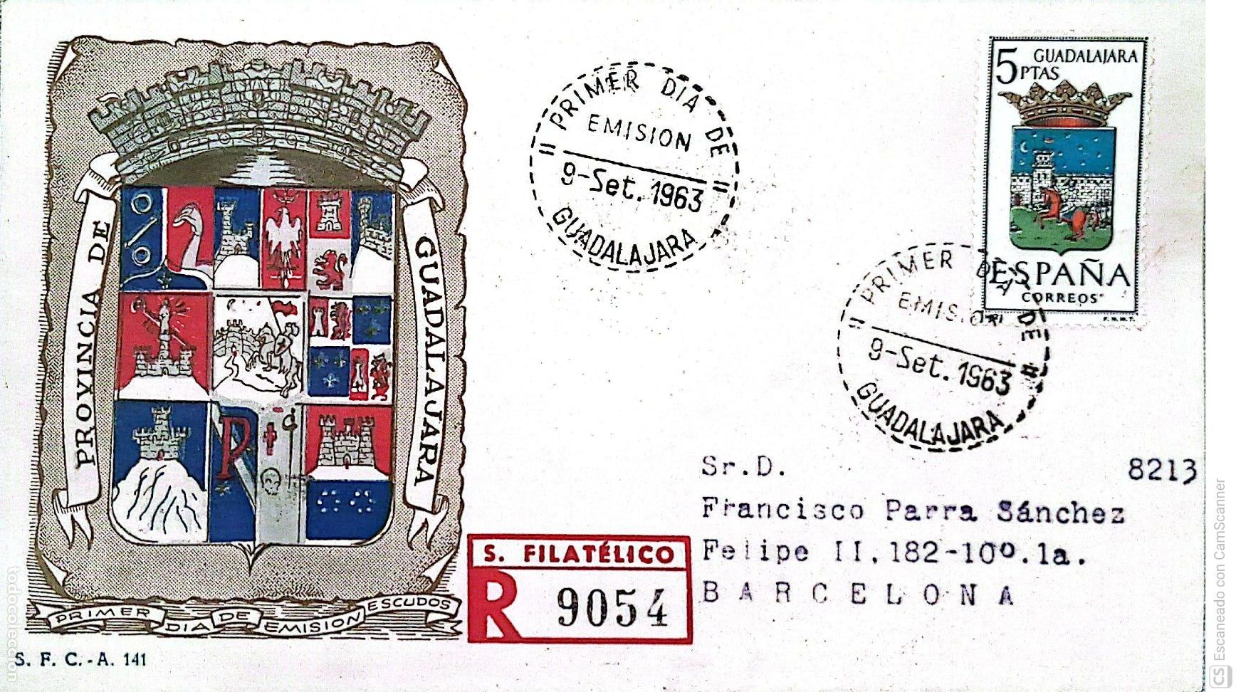 Sellos: Espa&ntilde;a. SPD 1489 Escudo de Guadalajara. Matasello Primer D&iacute;a 9-Set.1963 Guadalajara. Numeraci&oacute;n Edif