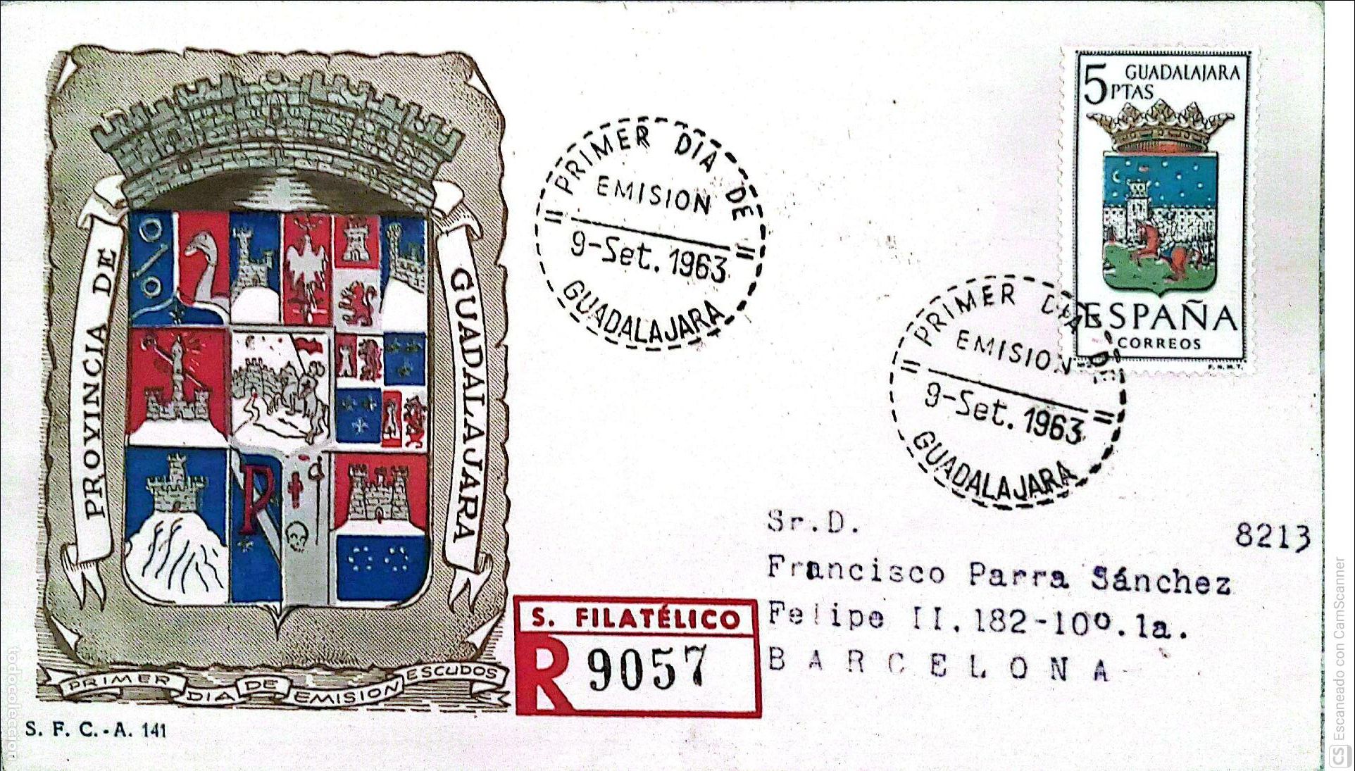 Sellos: Espa&ntilde;a. SPD 1489 Escudo de Guadalajara. Matasello Primer D&iacute;a 9-Set.1963 Guadalajara. Numeraci&oacute;n Edif