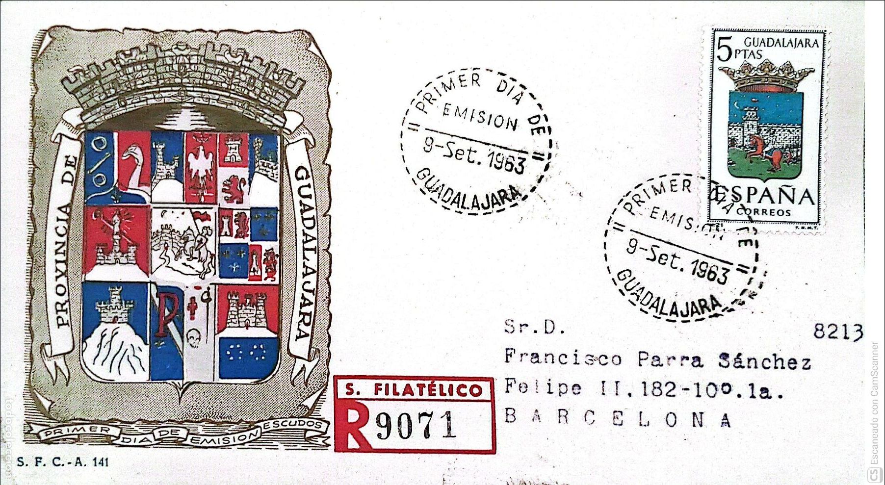 Sellos: Espa&ntilde;a. SPD 1489 Escudo de Guadalajara. Matasello Primer D&iacute;a 9-Set.1963 Guadalajara. Numeraci&oacute;n Edif