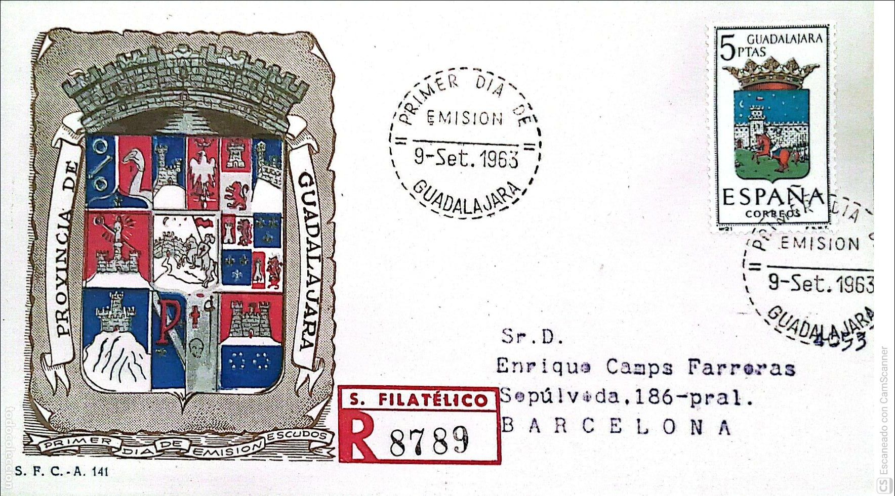 Sellos: Espa&ntilde;a. SPD 1489 Escudo de Guadalajara. Matasello Primer D&iacute;a 9-Set.1963 Guadalajara. Numeraci&oacute;n Edif