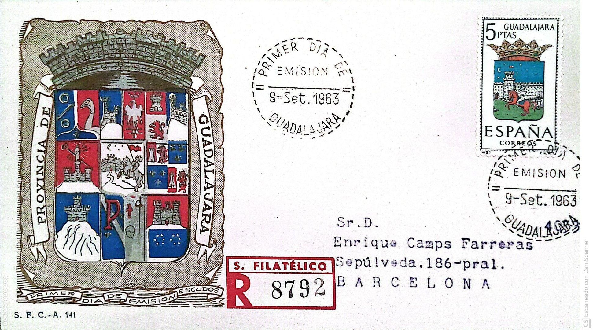 Sellos: Espa&ntilde;a. SPD 1489 Escudo de Guadalajara. Matasello Primer D&iacute;a 9-Set.1963 Guadalajara. Numeraci&oacute;n Edif