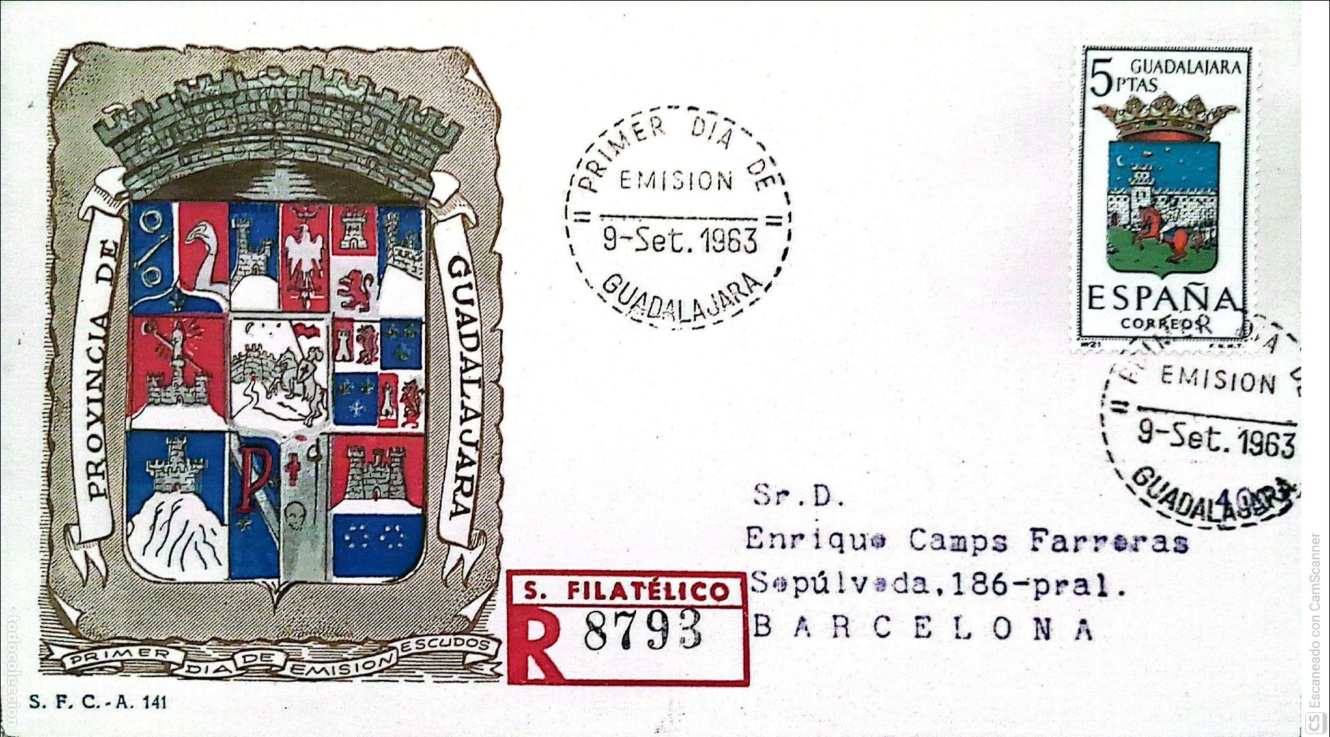 Sellos: Espa&ntilde;a. SPD 1489 Escudo de Guadalajara. Matasello Primer D&iacute;a 9-Set.1963 Guadalajara. Numeraci&oacute;n Edif