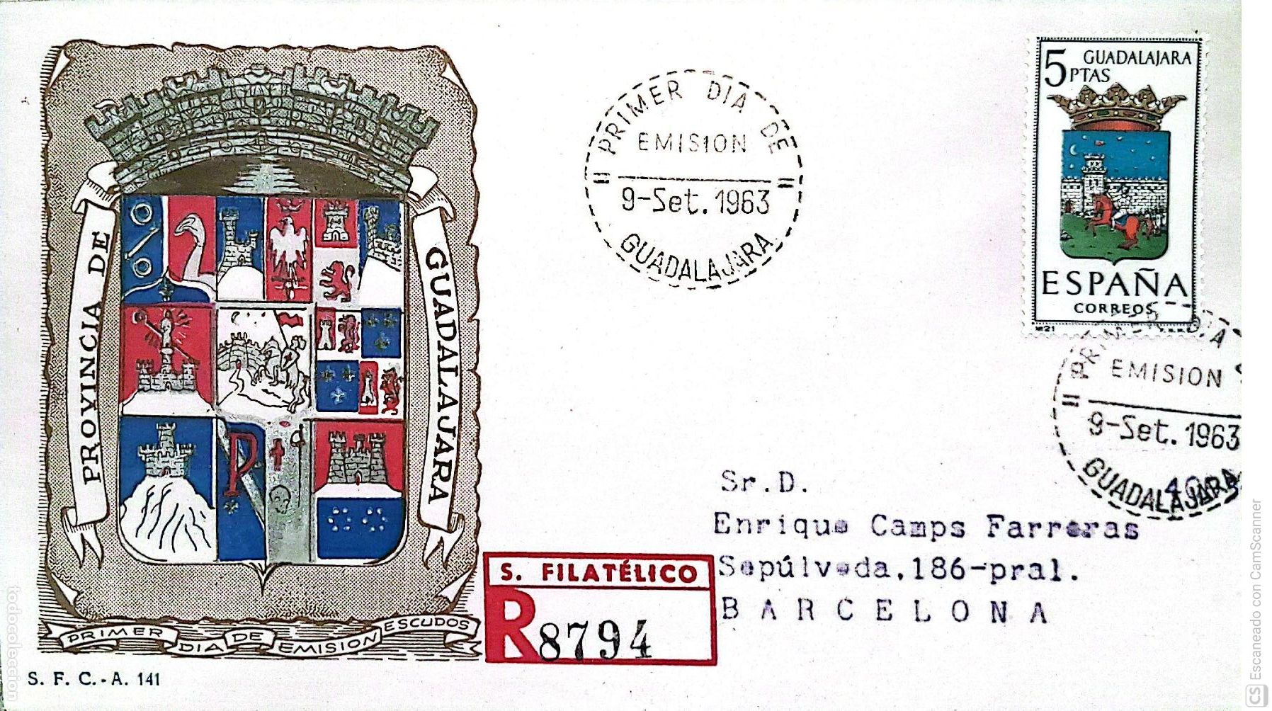Sellos: Espa&ntilde;a. SPD 1489 Escudo de Guadalajara. Matasello Primer D&iacute;a 9-Set.1963 Guadalajara. Numeraci&oacute;n Edif