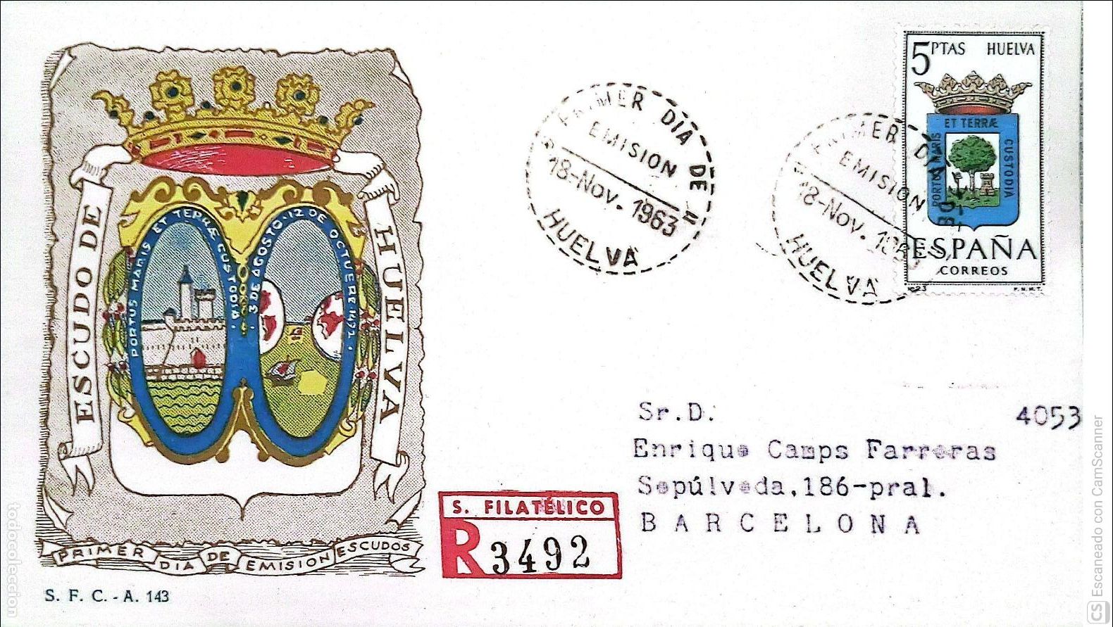 Sellos: Espa&ntilde;a. SPD 1491 Escudo de Huelva. Matasello Primer D&iacute;a 18-Nov.1963 Huelva. Numeraci&oacute;n Edifil.