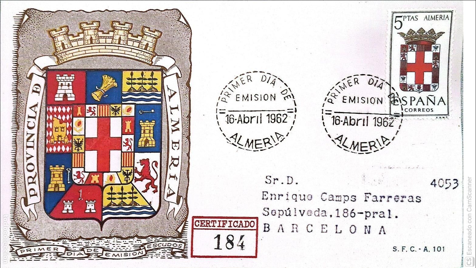Sellos: Espa&ntilde;a. SPD 1409 Escudo de Almer&iacute;a. Matasello Primer D&iacute;a 16-Abril.1962 Almer&iacute;a. Numeraci&oacute;n Edifil.