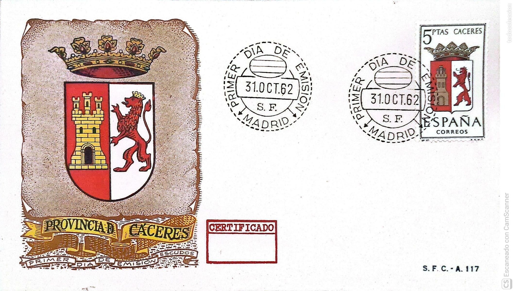 Sellos: Espa&ntilde;a. SPD 1415 Escudo de C&aacute;ceres. Matasello Primer D&iacute;a 31.Oct.1962 Madrid. Numeraci&oacute;n Edifil.