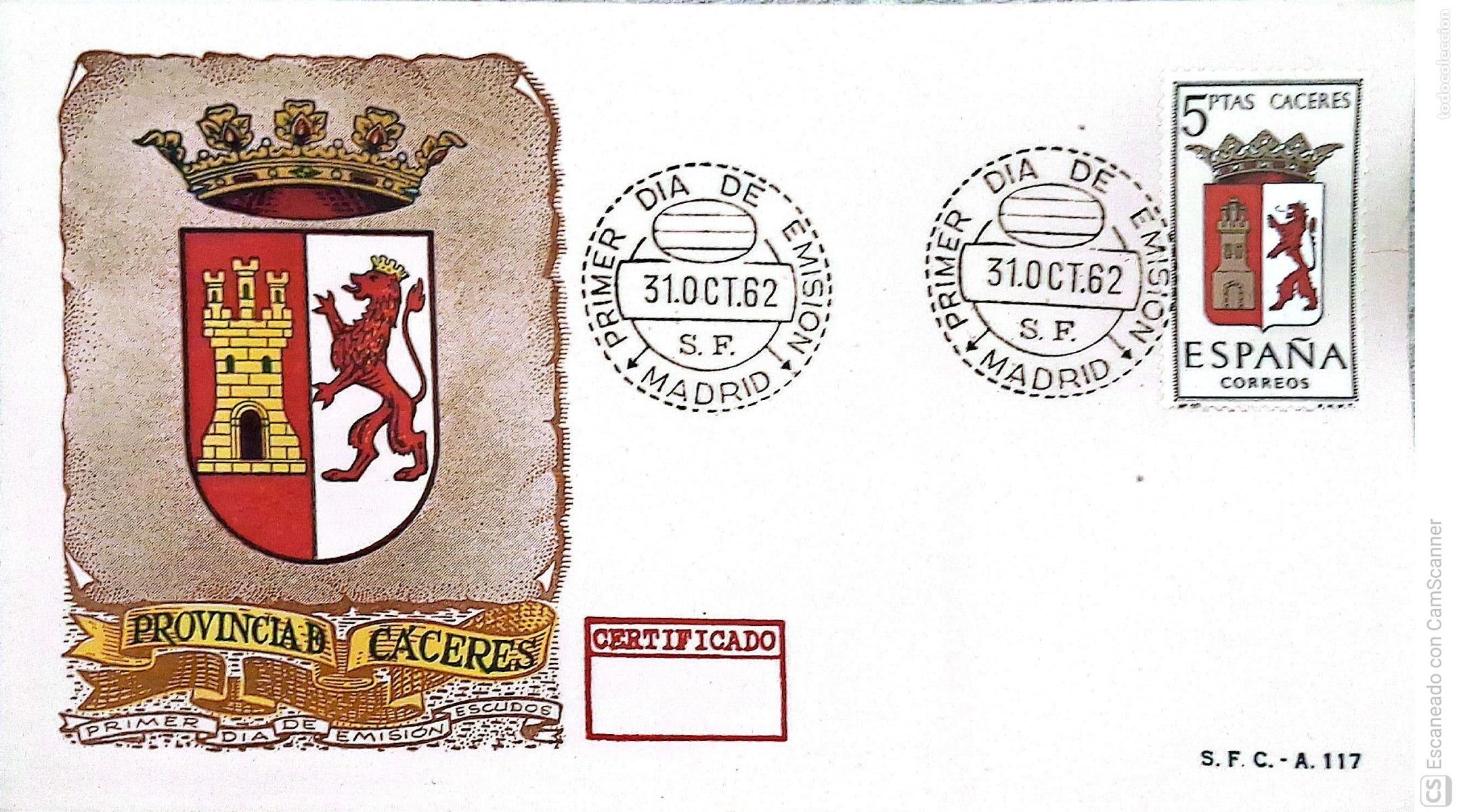 Sellos: Espa&ntilde;a. SPD 1415 Escudo de C&aacute;ceres. Matasello Primer D&iacute;a 31.Oct.1962 Madrid. Numeraci&oacute;n Edifil.