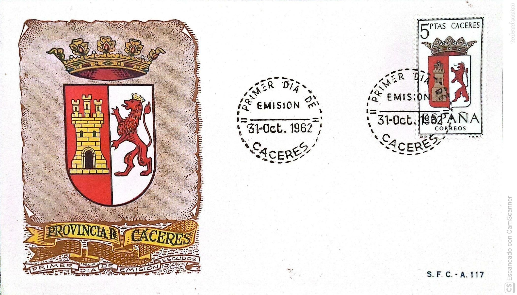 Sellos: Espa&ntilde;a. SPD 1415 Escudo de C&aacute;ceres. Matasello Primer D&iacute;a 31.Oct.1962 Madrid. Numeraci&oacute;n Edifil.