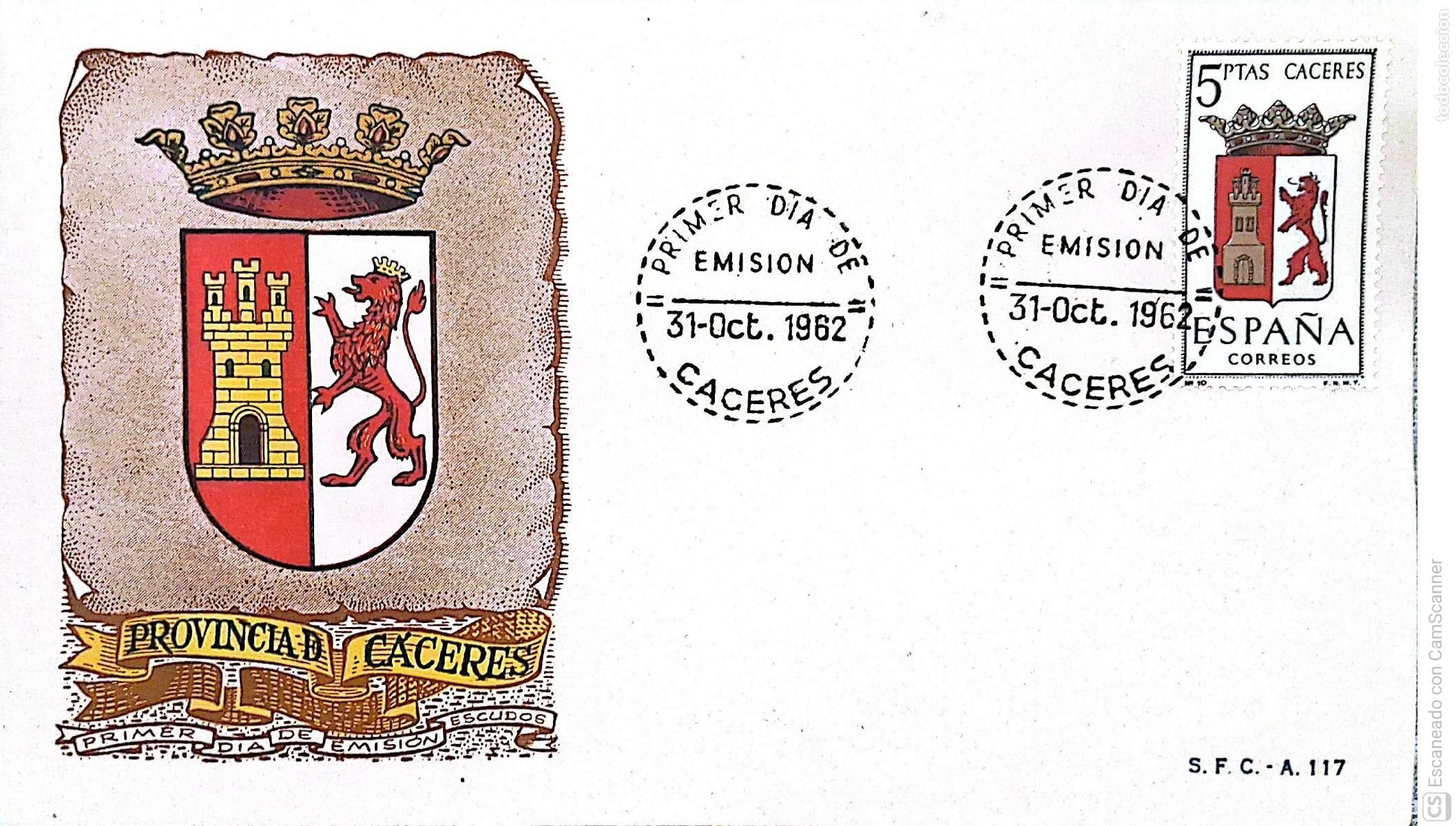 Sellos: Espa&ntilde;a. SPD 1415 Escudo de C&aacute;ceres. Matasello Primer D&iacute;a 31.Oct.1962 Madrid. Numeraci&oacute;n Edifil.
