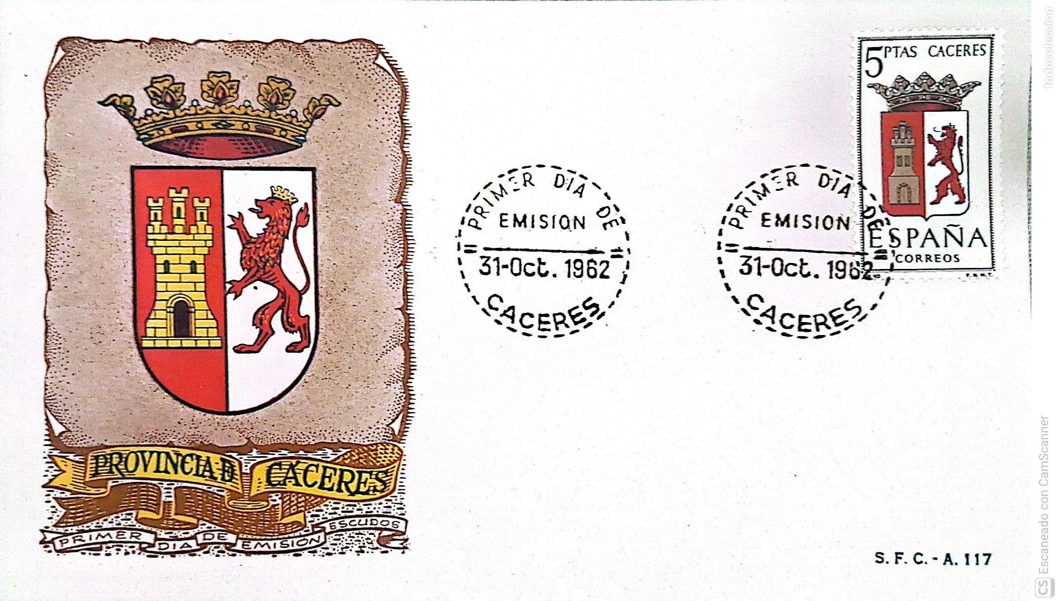 Sellos: Espa&ntilde;a. SPD 1415 Escudo de C&aacute;ceres. Matasello Primer D&iacute;a 31.Oct.1962 Madrid. Numeraci&oacute;n Edifil.