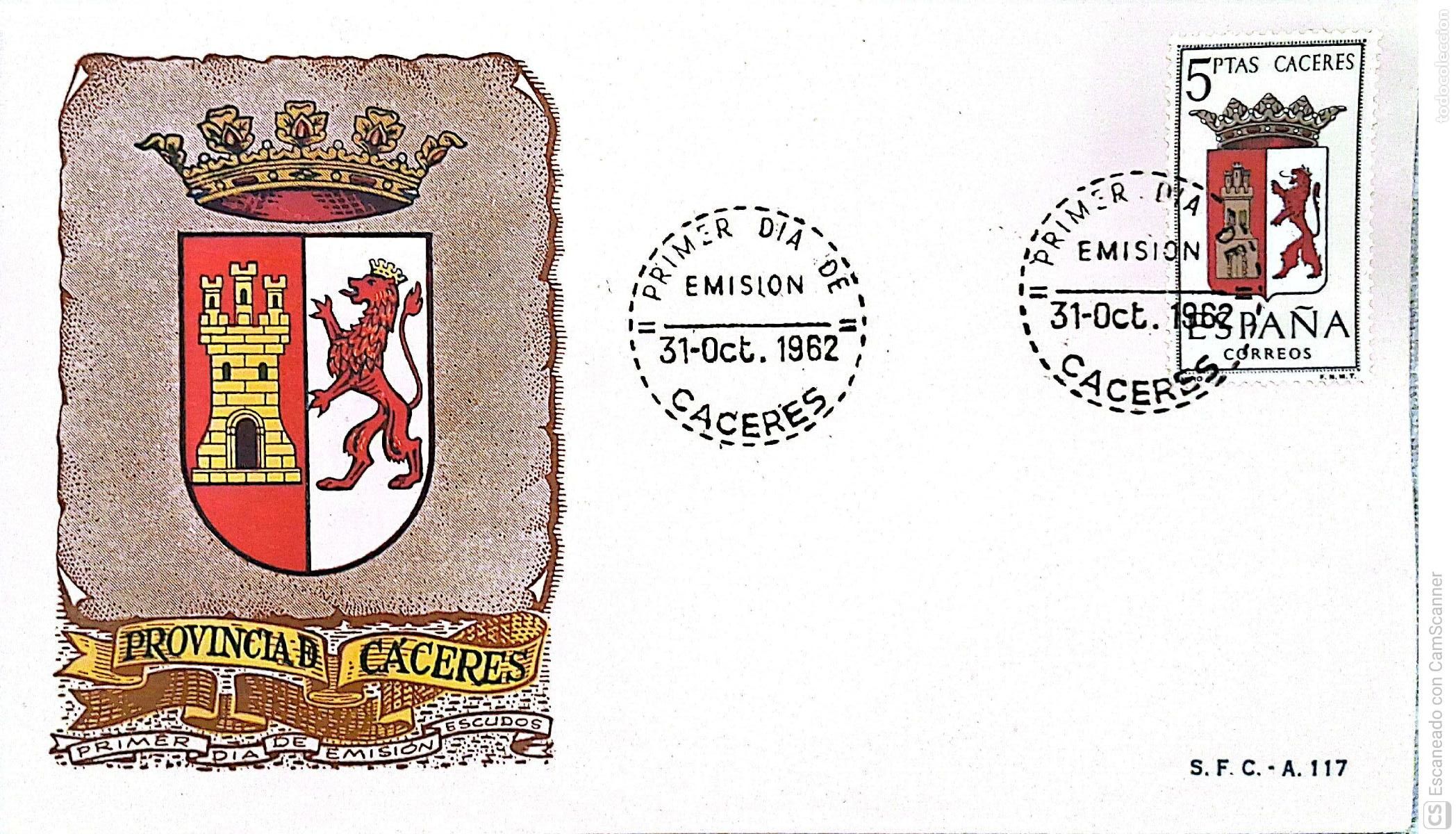 Sellos: Espa&ntilde;a. SPD 1415 Escudo de C&aacute;ceres. Matasello Primer D&iacute;a 31.Oct.1962 Madrid. Numeraci&oacute;n Edifil.