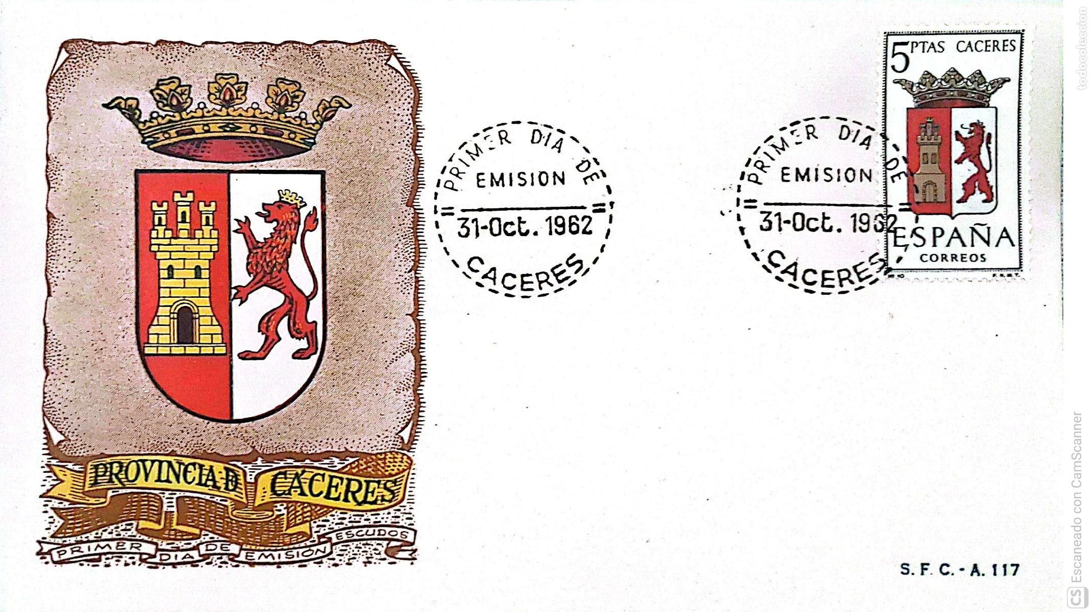 Sellos: Espa&ntilde;a. SPD 1415 Escudo de C&aacute;ceres. Matasello Primer D&iacute;a 31.Oct.1962 Madrid. Numeraci&oacute;n Edifil.
